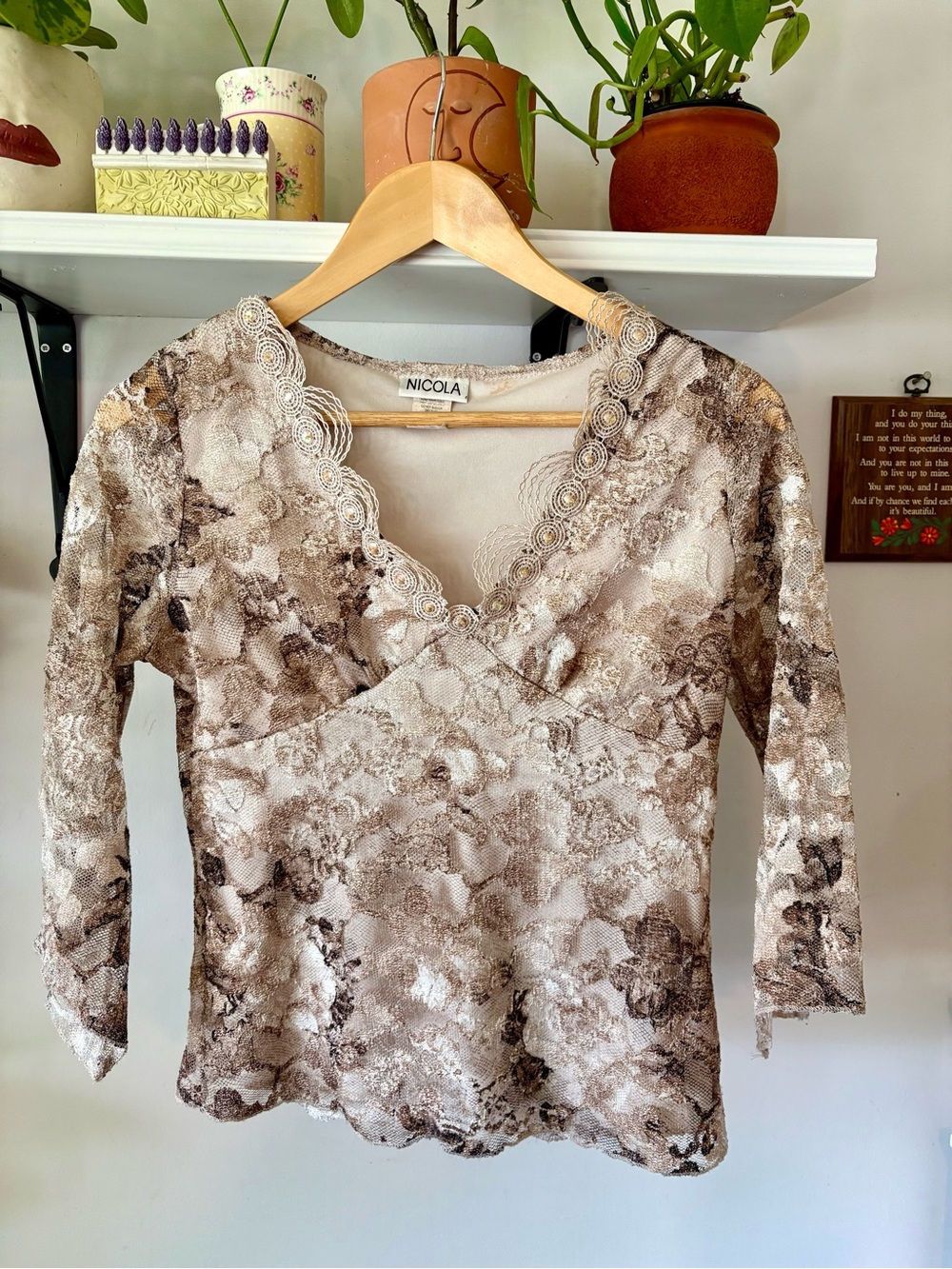 NICOLA Brown and Cream Lace-Trim V-Neck Blouse